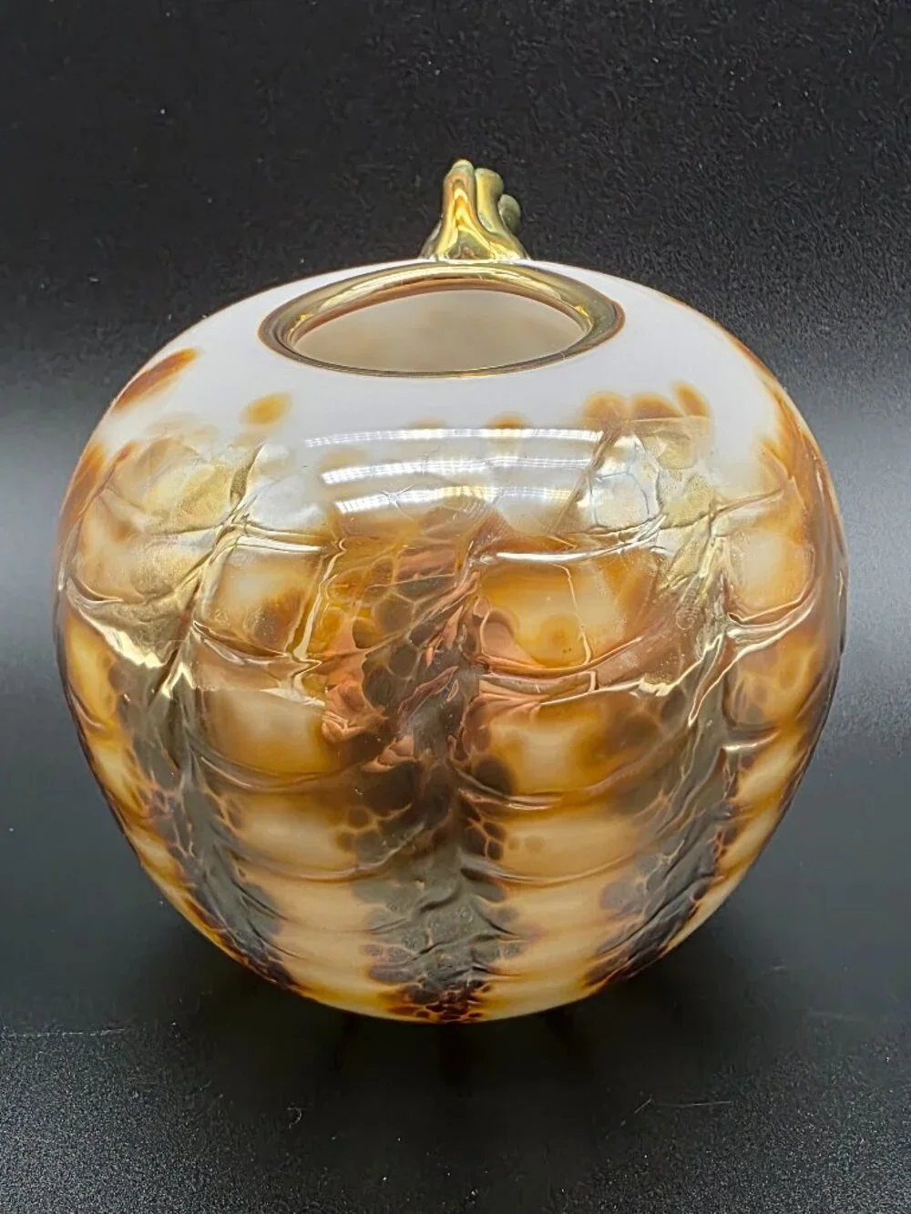 Whimsical Art Glass Vase handmade gold & cream Glass Signed Unique Asymmetrical